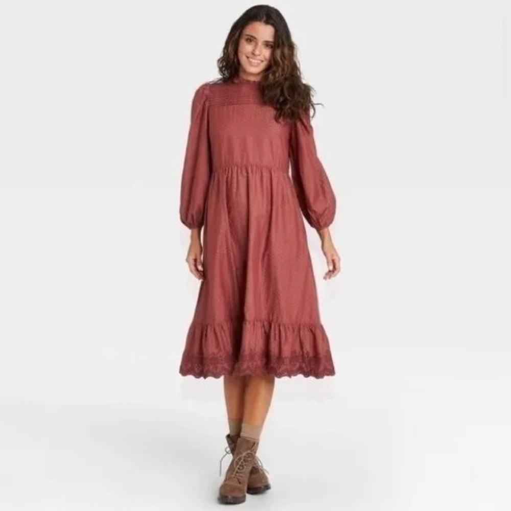 Universal Threads Rust Burgundy Embroidered Prairie Cottagecore Dress High Neck